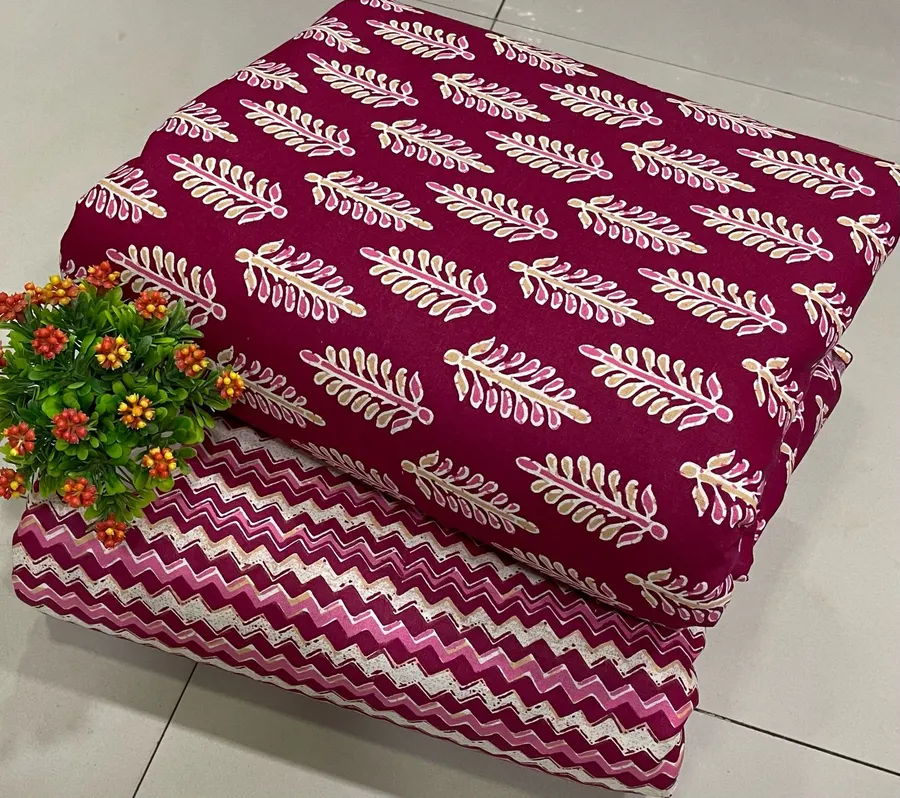 Green Jaipuri Block Print Unstitched Dress Material for Women with Cotton Bottom